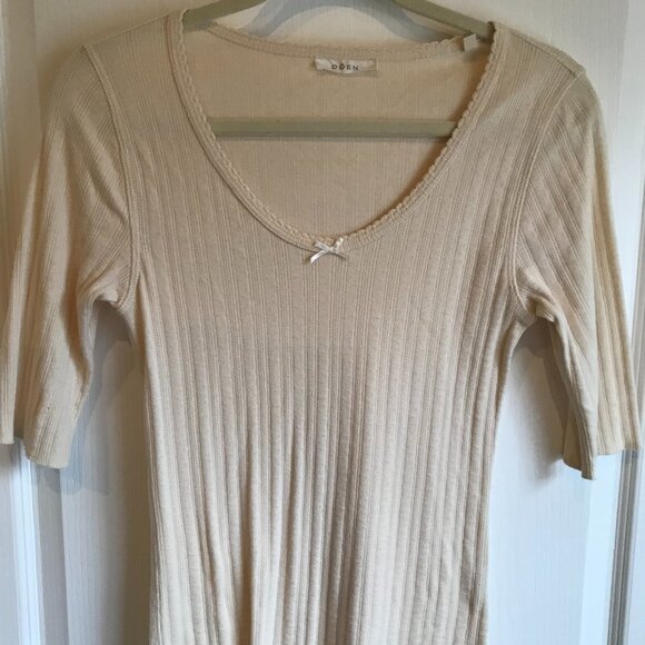 DOEN Pointelle Henley Scoop Neck Tee w/ Rainbow Trim in Salt Oatmeal Cream Sz M - Picture 9 of 11